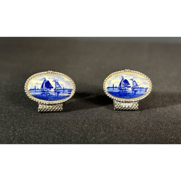 SWANK Other - Vintage Delft Swank Nautical Blue Porcelain Sailboat Cufflinks Silver Tone Oval
